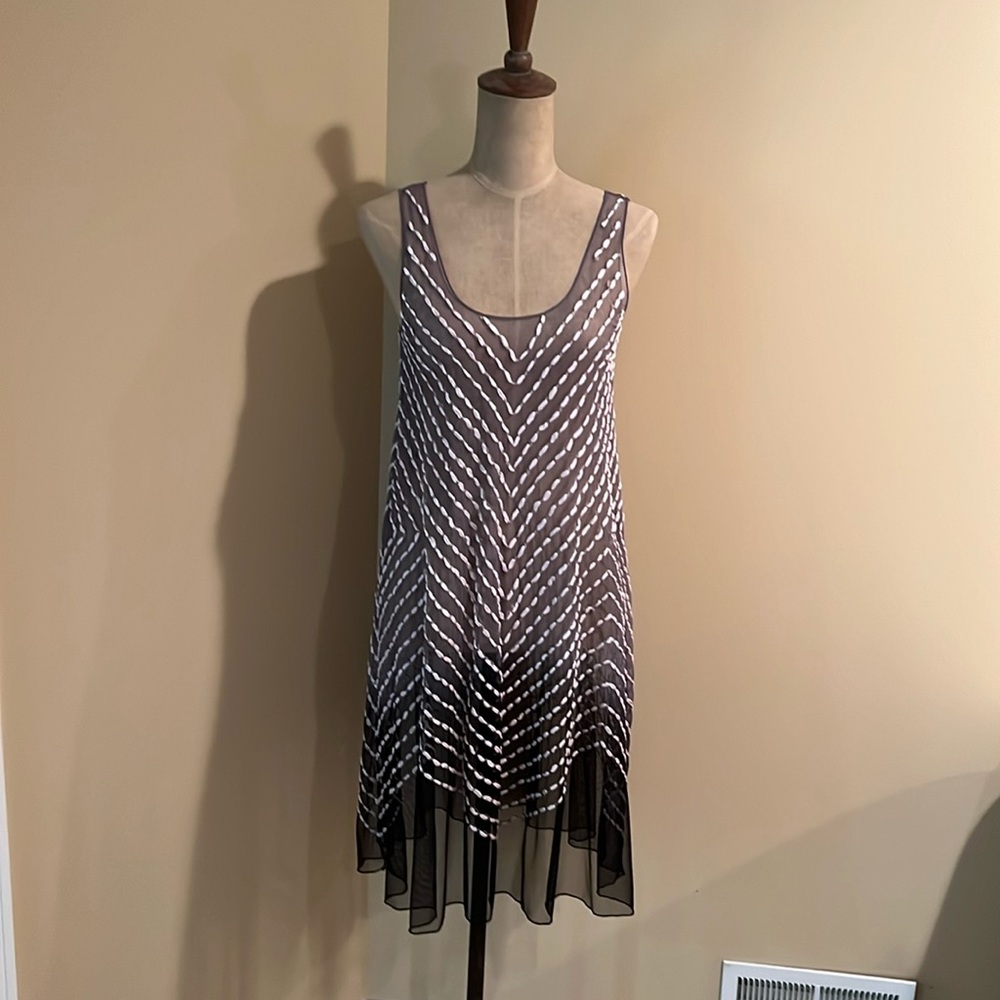 Chan Luu Black and White Sleeveless Beaded Chevron Dress